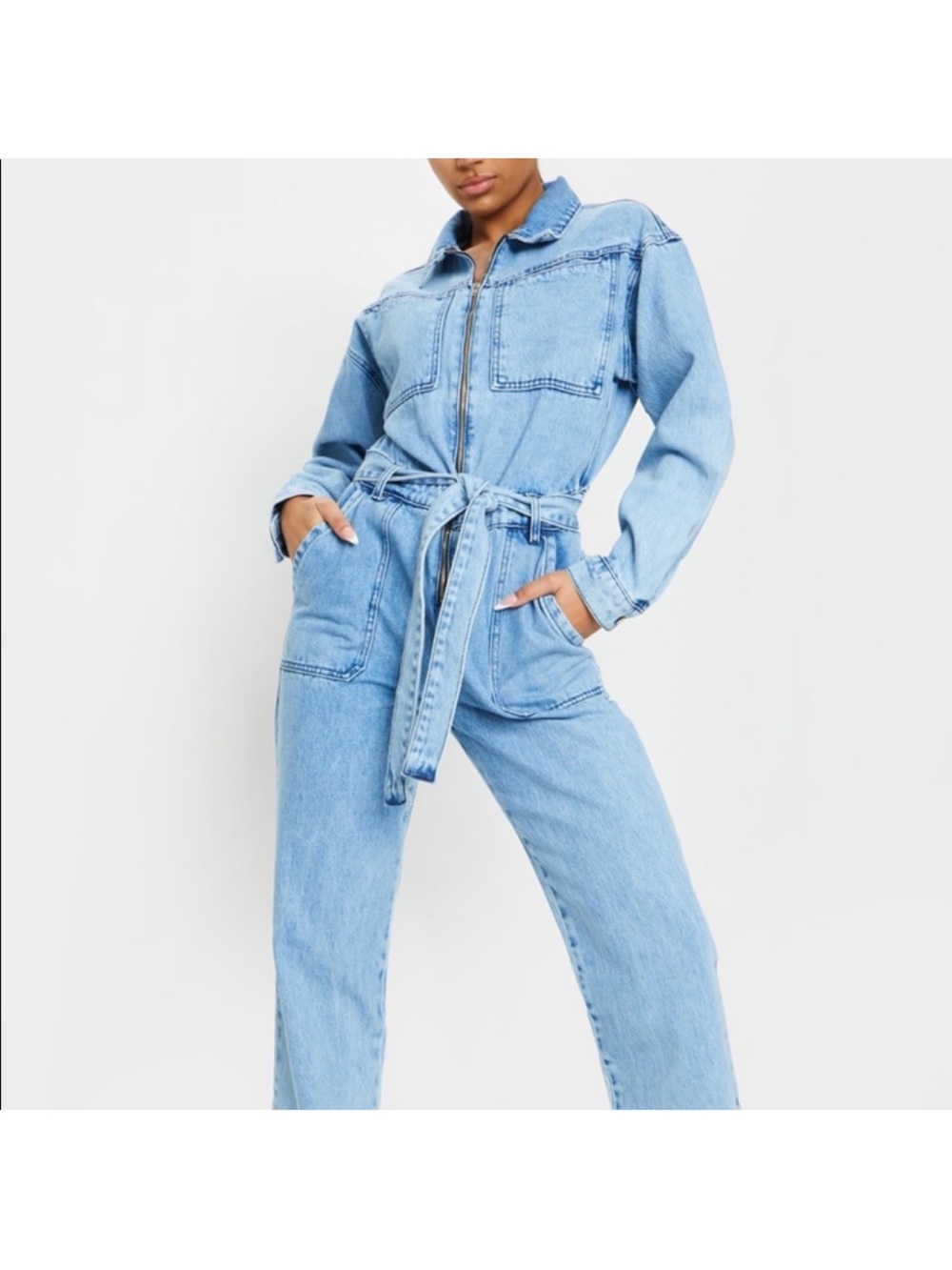 PrettyLittleThing Denim Belted Zip Front Jumpsuit US 0